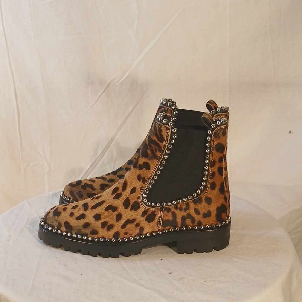 Stunning Alexander Wang Brown & Black Leapard Print Calf Fur Studded Booties - Picture 3 of 16